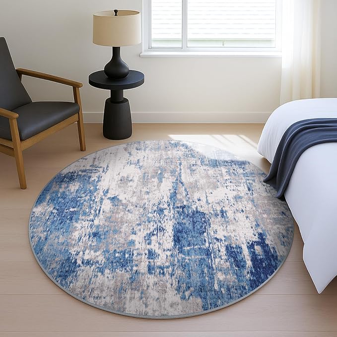 RELEANY Washable Round 4ft Area Rug for Living Room Blue Gray | carpet for bedroom, kitchen, office, hallway and entryway, printed pattern, non-slip, soft, stain-resistant, easy to clean