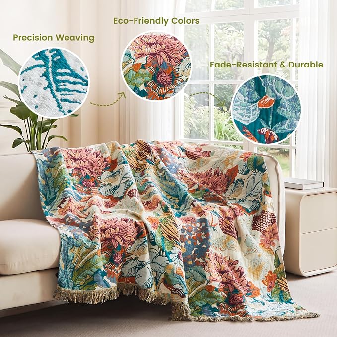 MSGKV Boho Throw Blanket 50"x60" 100% Cotton Floral Muslin Sofa Blanket | Cotton Throw, Muslin Blanket, Summer Breathable, Lightweight Comfort, Farmhouse Home Decor, Chair Throw, Machine Washable