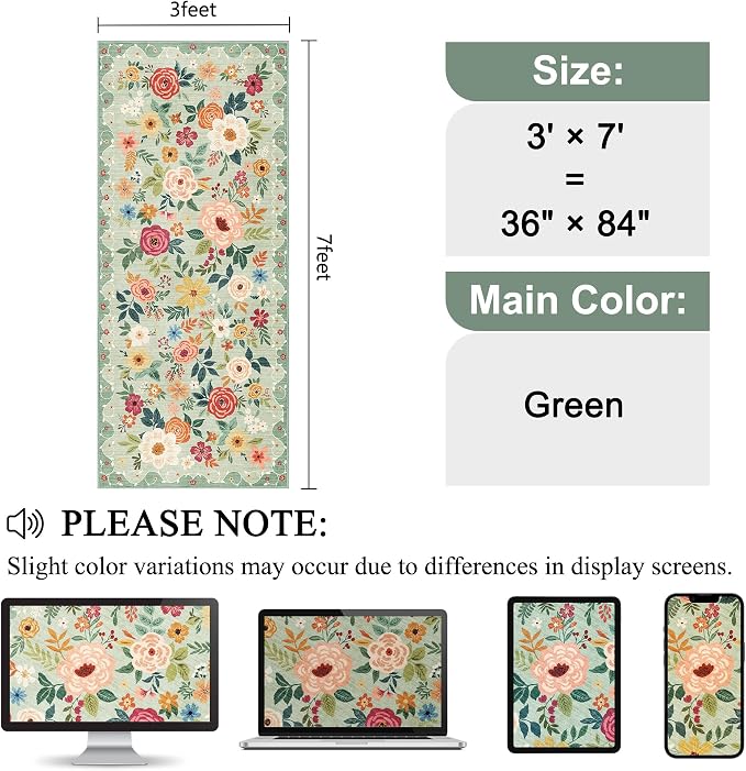 DUKINO 3x7 Kitchen Runner Rug, Washable Rug for Hallway Non Slip, Green | Floral, Low Pile, Soft Indoor Rug for Bedroom, Bathroom, Entryway, Laundry, Pet Friendly, Stain Resistant, Modern Home Decor