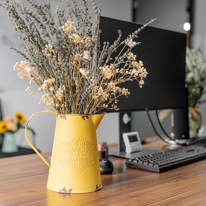 Yellow Metal Flower Vase Vintage Jug Pitcher Shabby Chic Decor Rustic Farmhouse Kitchen Decor for Home