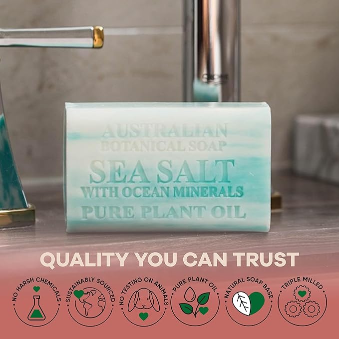 Australian Botanical Soap Sea Salt with Ocean Minerals – Triple Milled 6.6 oz Bar Soap with Shea Butter, Face Hand & Body Soap Bars, Pack of 4