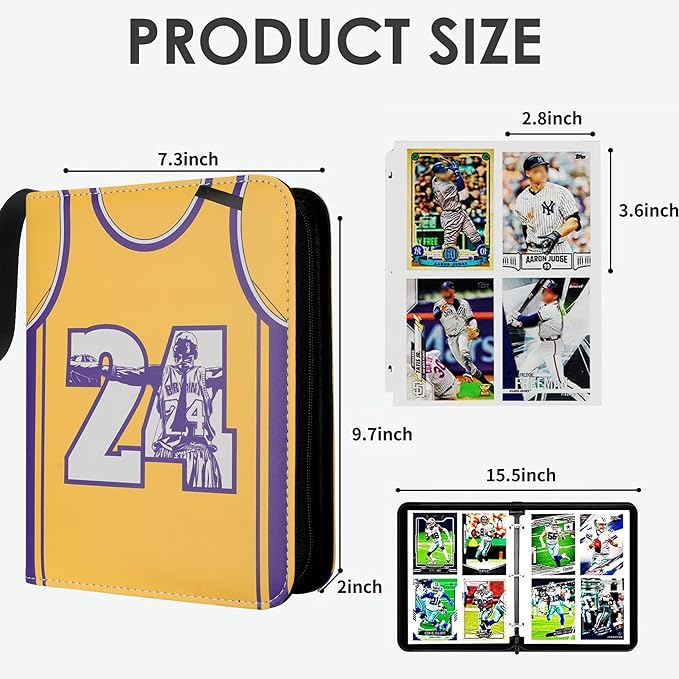 HBK Basketball Card Binder 400 Pockets, Waterproof PU Leather Sports Card Holder with Zipper, 3-Ring Trading Card Album with 50 Removable Sheets, Yellow (KB24)