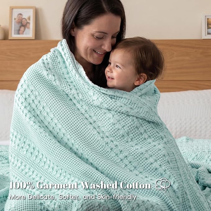 PHF 100% Cotton Waffle Weave Blanket Queen Size, Lightweight Breathable Summer Blanket for Hot Sleepers, Pre-Washed Soft Layer for Bed, Couch, Aesthetic Home Decor & Gift, 90"x90", Mint