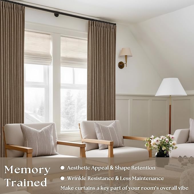 86 Inch Linen Curtains 2 Panels Set Pinch Pleated for Living Room Bedroom Memory Training Shaped Semi Sheer Dutch Cocoa Pinch Pleat Drapes Hooks Rings Light Filtering Window Curtain Drapes