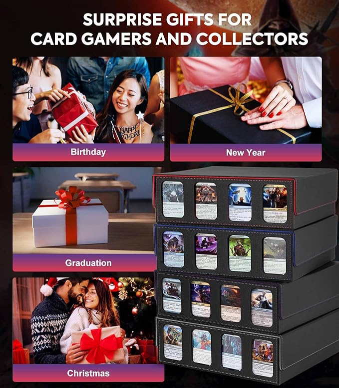 MoKo Card Storage Box for Trading Cards, 3000+ MTG Deck Box with 24 Colorful Dividers & 4 Card Supporters, Commander Card Deck Case with Display Window, Fits for Magic Game Cards, YugiOh, Black Red