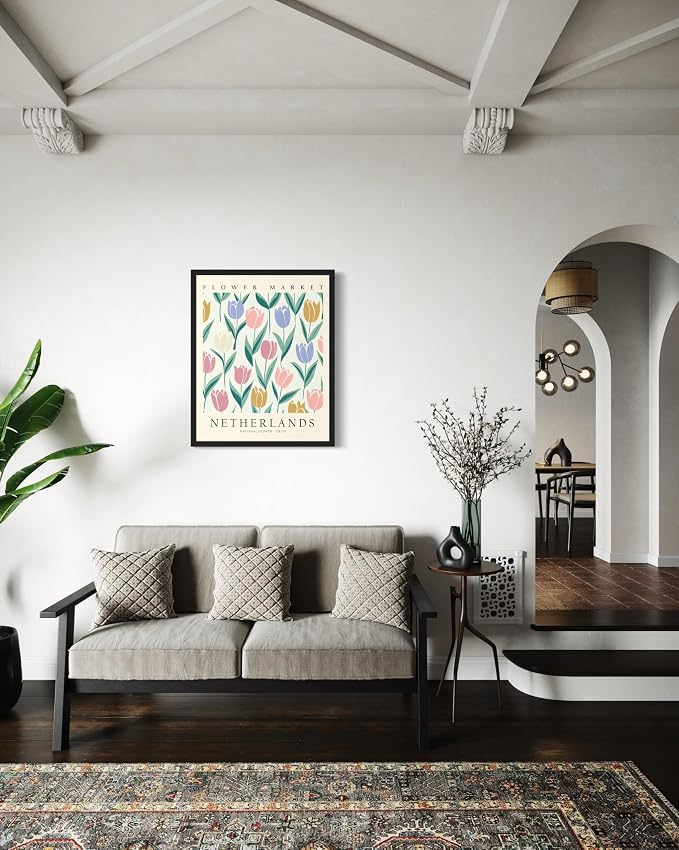 Netherlands Flower Market Black Framed Art Print Poster, Wall Art Floral Painting Botanical Decor for Bedroom, Kitchen, Bathroom Livingroom Decoration 82B (Netherlands, 20"L x 16"W, Black Frame)