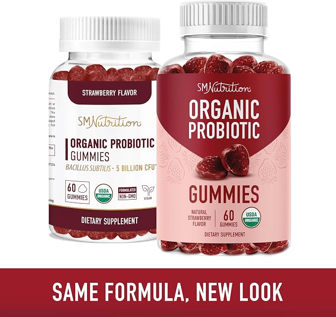 Organic Probiotics Gummies, 5 Billion CFU Probiotics for Digestive Health | Immune Support, With Hardy Bacillus Subtilis, Strawberry Gummies, Shelf Stable, Gluten-Free, Vegan, 60 Ct (1 Month Supply)