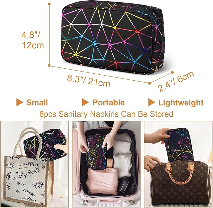 Likesing Period Bag for Girls Womens, Leather Sanitary Napkin Storage Bag, Portable Menstrual Pad Bag Period Pads Pouch, Small Make Up Bags(Colorful Black)