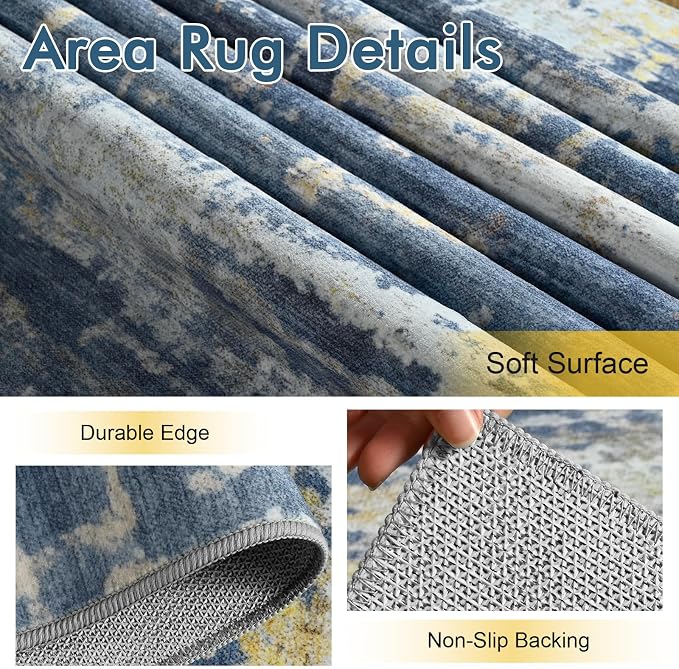 6x9 Ft Large Area Rugs for Living Room, Soft Non-Slip Washable Rugs Modern Abstract Pattern Carpet for Bedroom Indoor Floor Nursery Home Decor (Blue/Gold)