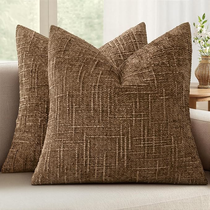 MIULEE Chenille Textured Fall Throw Pillow Covers Toffee 18x18 Set of 2 | Slubby Decorative Pillows, Boho Farmhouse Rustic Home Decor, Modern Neutral Cushion Covers for Couch Sofa Bed Living Room