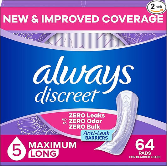 Always Discreet Adult Incontinence Pads for Women, Drier, 5 Drop Long Length, Heavy Absorbency, Pads for Bladder Control Management, Bladder Leaks, & Postpartum Pads, 64ct