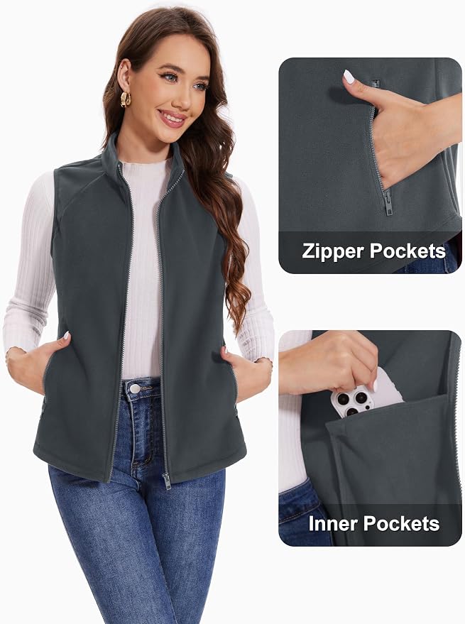 MAGCOMSEN Women's Fleece Vest with Zipper Pockets Zip Up Sleeveless Jackets Lightweight Soft Warm Polar Vest Outerwear