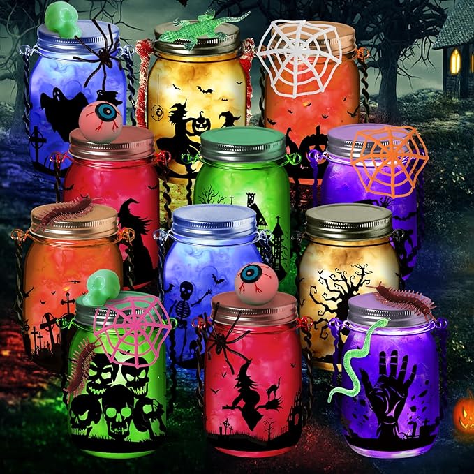 OCHIDO 12Pack Halloween Crafts for Kids, Halloween's Mason Jar with Accessories for Halloween Activities, DIY Lantern Jar Craft and Art Party Favor Supplies, Classroom Art Activities