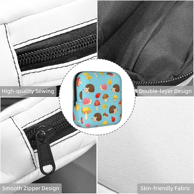 Cute Tampon Storage Pouch for Ladies, Mushrooms Hedgehogs Snail, Polyester Period Bag with Zipper, Multifunctional Storage for Jewelry