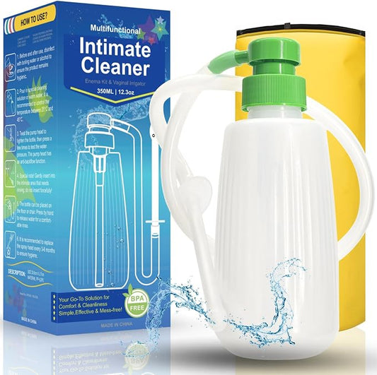 350ml Intimate Cleansing Kit- Enema Kit, Portable Personal Irrigator with Press Pump, Silicone Hose & Reusable Nozzles for Home & Travel Use