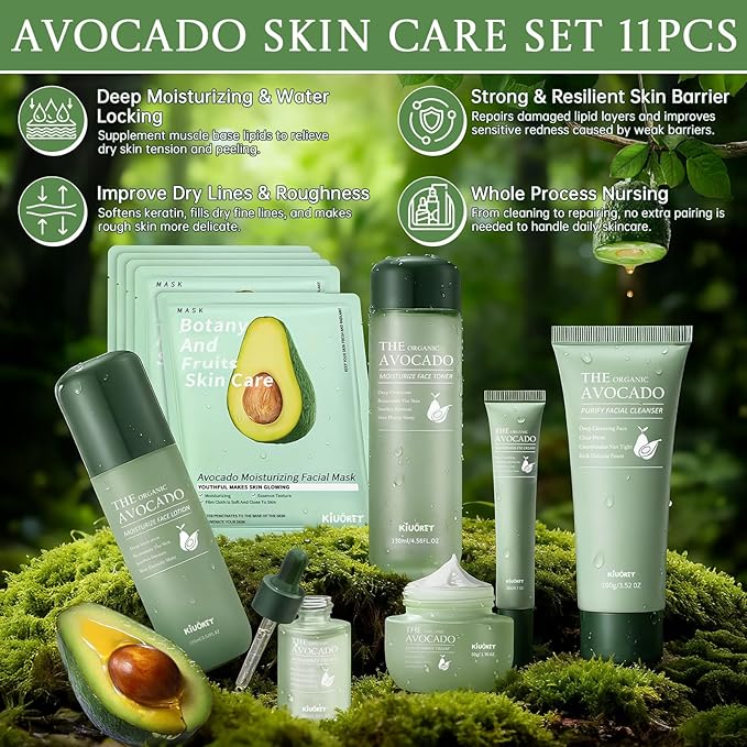 Avocado Skin Care Set - 11PCS Skincare Gift Set with Facial Cleanser, Toner, Serum, Eye Cream, Lotion, Face Cream and Moisturizing Facial Masks - Korean Skin Care Kit for All Skin Types