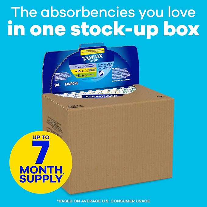 Tampax Pearl Tampons for Women Multipack, with LeakGuard Braid, Light/Regular/Super Absorbency, Unscented, 94 Count (2 Packs of 47) (Packaging May Vary)