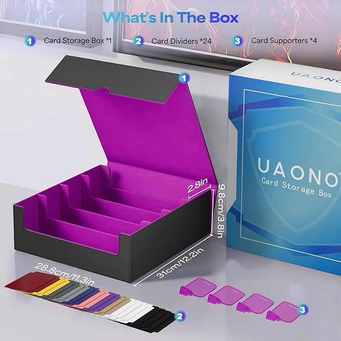 UAONO Trading Card Storage Box, Holds 2400 Sleeved Cards with 24 Dividers & 4 Stoppers, Magnetic Closure PU Leather Card Case for MTG, PTCG, YGO, Sports Cards (Black&Purple)