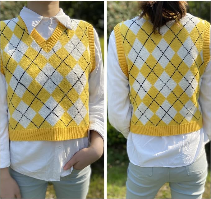 Women's Sweater Vest,Y2K Sleeveless Pattern Preppy Style Knitted Crop Tank Top for Girl