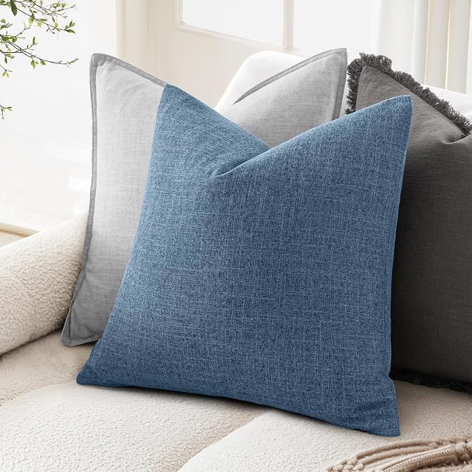MIULEE Pack of 2 Decorative Linen Burlap Pillow Covers Farmhouse Boho Accent Pillowcases Modern Home Decor for Couch Sofa Bedroom Living Room 18x18 Inch Steel Blue