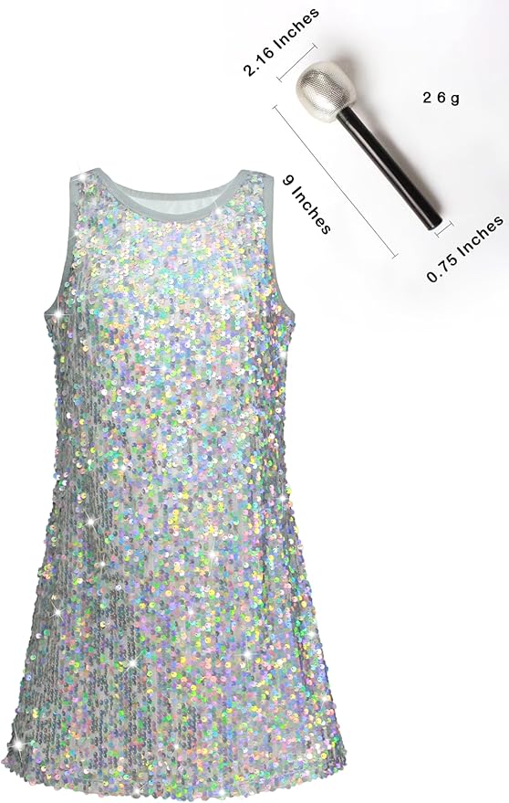 Girls Sequin Dress Sparkly Sleeveless Costume Prom Concert Party Outfit with Glitter Microphone Prop
