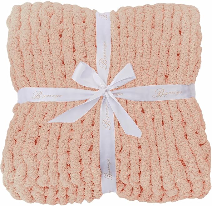 Bigacogo Chunky Knit Throw Blanket for Couch, 40x80 inches, Peach Fuzz | Hand Knit with Jumbo Chenille, Soft Breathable Cable Knit for Sofa Bed Living Room, Machine Washable, Gift for Mom Friend