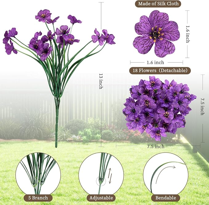 ColoPlay 24Bundles Deep Purple Artificial Flowers for Outdoors, Fake Flower | Fake Plants Outdoors, UV Resistant Faux Flowers for Indoor Outside Garden Porch Window Box Home Wedding Farmhouse