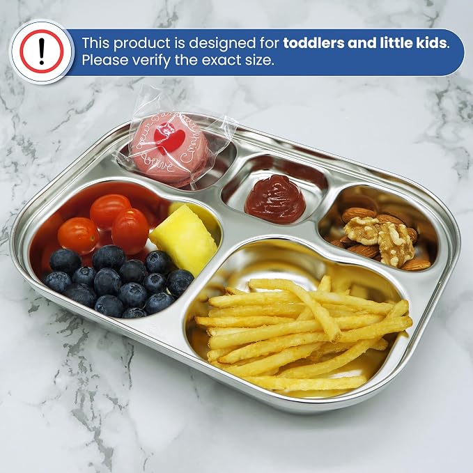 Korean Stainless Steel Non-Toxic Divided Plates for Toddlers & Kids 2-Pack | Premium 304 Electro-Polished Stainless Steel, No Black Residue, BPA-Free Tray for Picky Eater Babies and Littles
