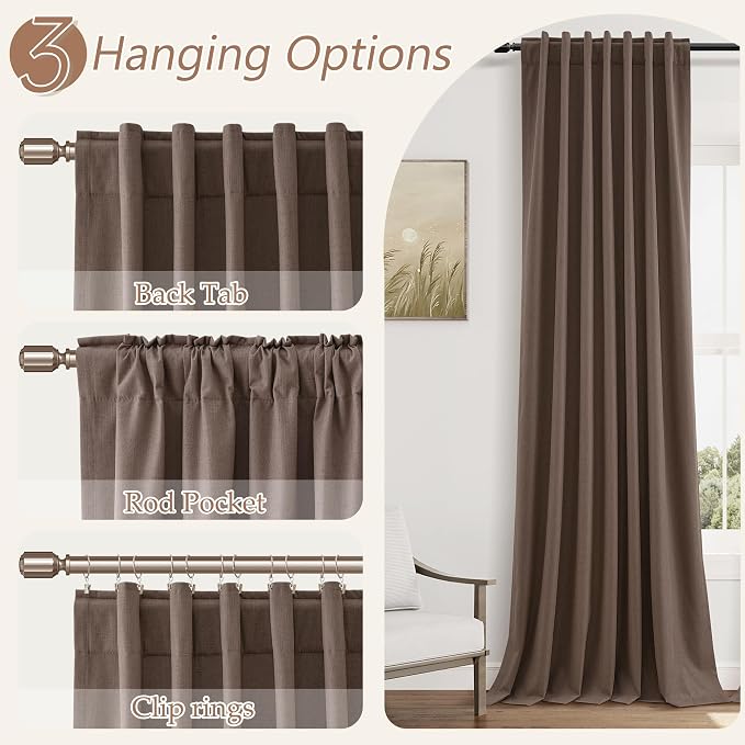 Guken Mocha Mousse 100% Blackout Linen Curtains 90 Inch Length 2 Panels Set for Living Room Bedroom Back Tab/Rod Pocket Thermal Insulated Farmhouse Black Out Drapes Room Darkening,52x90