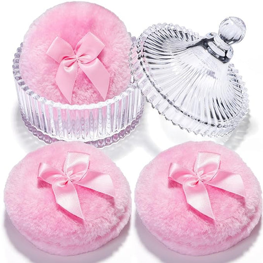 Teenitor 4pcs Powder Puff Soft Powder Puff and Container, Dusting Powder Container with Puff, Glass Crystal Case for Soft Velour Body Powder Puff Pink