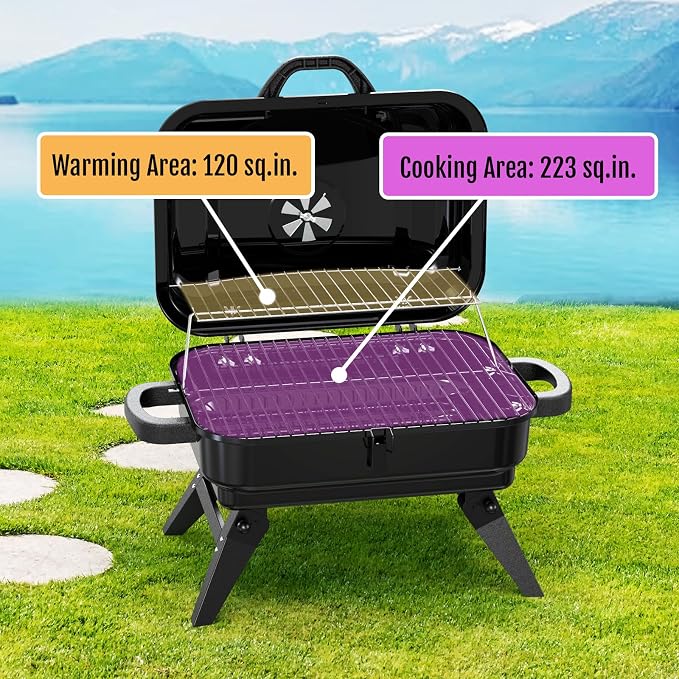 BBQCuker Portable Charcoal Grill with Warming Rack, Small Tabletop Barbecue Grill, Foldable Legs, Adjustable Vent, Total 343 Sq. In.Cooking Space, Outdoor BBQ Grill for Camping and Picnics (Black)