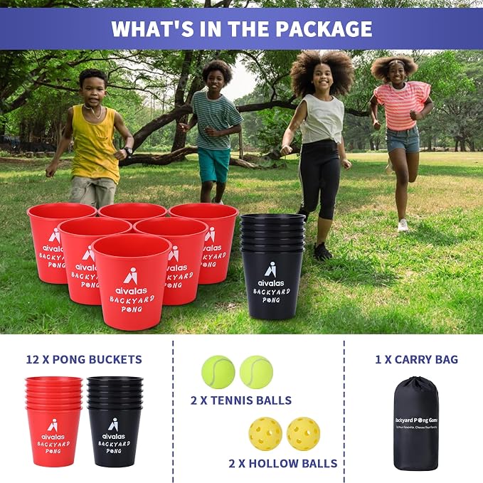 Aivalas Yard Pong Outdoor Games, Giant Yard Games Set with 12 Buckets and Balls for Adults and Family, Toss Game Throwing Games for Beach, Camping, Lawn and Backyard