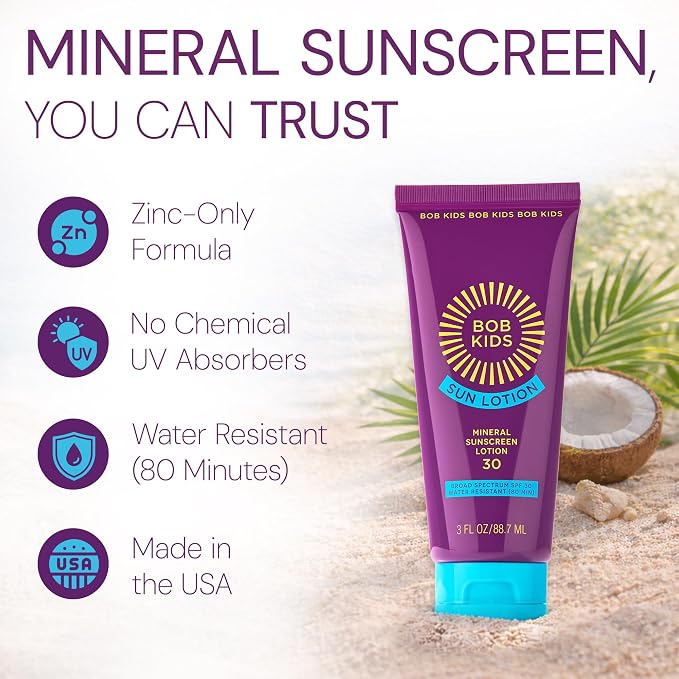 Brush On Block - Sunscreen for Kids & Baby - BOB KIDS Mineral SPF 30 Lotion - 22% Zinc Oxide, No White Cast, Reef Safe - Non Toxic Sunblock with Coconut Oil - Sensitive Skin Face & Body 3oz