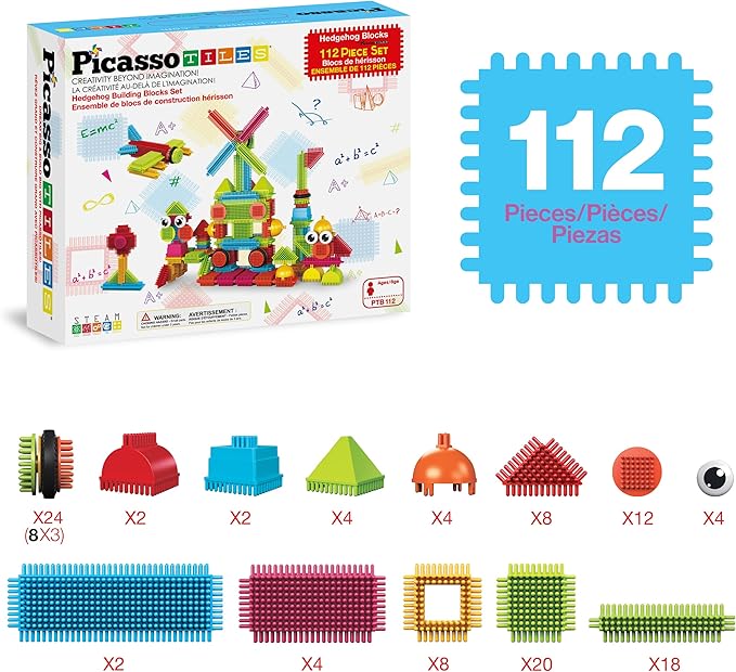 Picasso Toys112pcs Hedgehog Blocks STEM Building Tiles Set Construction Learning Toy Stacking Interlock Block, Creativity Beyond Imagination, Inspirational, Recreational, Educational PTB112