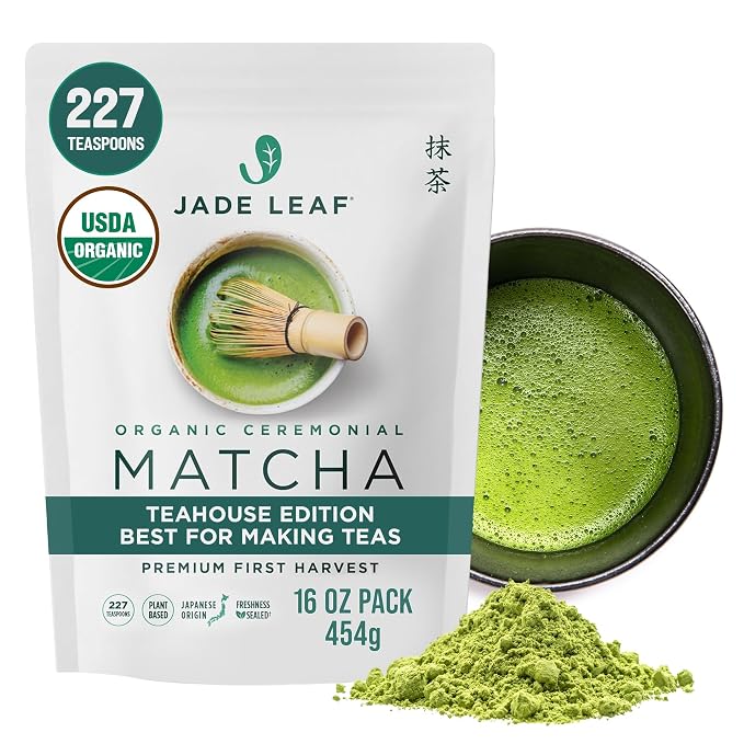 Jade Leaf Matcha Organic Ceremonial Grade Teahouse Edition Matcha Powder - 100% Pure Japanese Premium First Harvest Green Tea for Ceremonies, Usucha, Lattes 454g / 16 Ounce Bulk Pouch (Pack of 1)