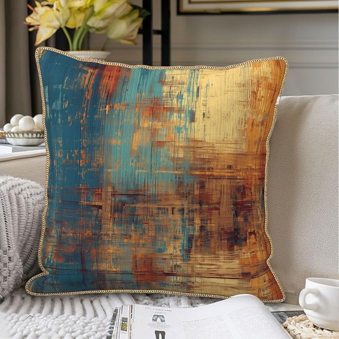 Vintage Abstract Teal Orange Velvet Pillow Covers 18x18 InchMessy Blue Rust Throw Pillows for Couch Cushion Covers Pillowcase Retro Colorful Art Pillow Cases for Sofa Bed Living Room
