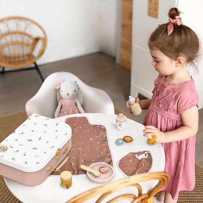 SPEEDY MONKEY My First Doll Set for Kids | Pretend Play FSC Wooden Toddler Toy | Rabbit Baby Doll Playset with Feeding Accessories, Bib & Diaper Pad | Role Play Gift Set for Girls & Boys Ages 3+