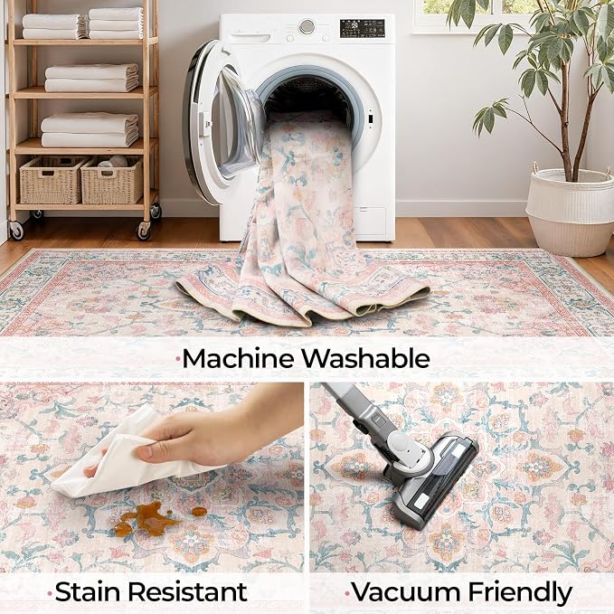 CAPALOCA 6x9 Washable Nursery Girls Low Pile Area Rug Pink Teal | Non-Slip Soft Rugs for Bedroom Kids Playroom Living Room, Print Pattern Water Repellent Carpet Indoor Decor