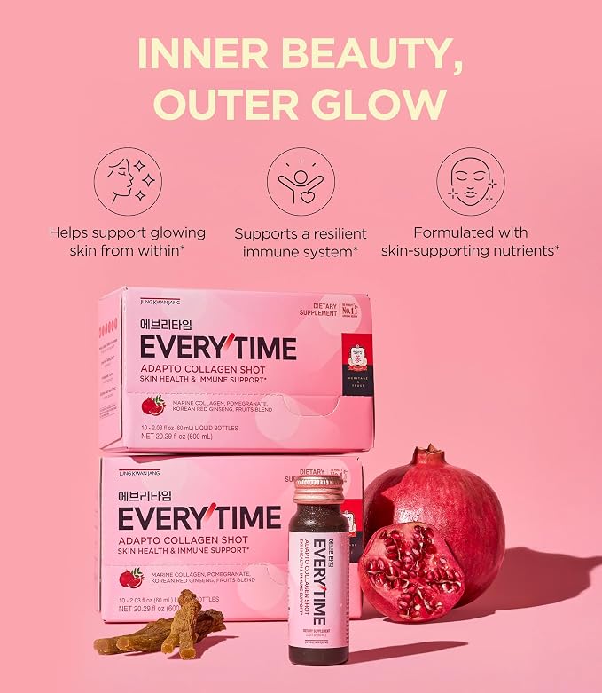 JUNG KWAN JANG Everytime Adapto Collagen Shot - Skin and Sleep Support - Liquid Adaptogen Drink with Marine Collagen, Passion Fruit, Chamomile NAD L-Theanine - Gluten Free (10 Bottles, 2.03 fl oz)