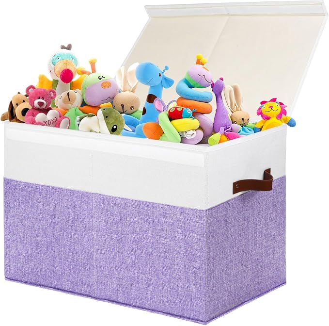 Large Toy Storage Box with Lid, Toy Chest Bin Boxes Basket with Dividers | Sturdy Toy Organizer Bin for Kids, Boys, Girls, Nursery, Living Room, Bedroom, Playroom 25"x13" x16" (Purple and White)