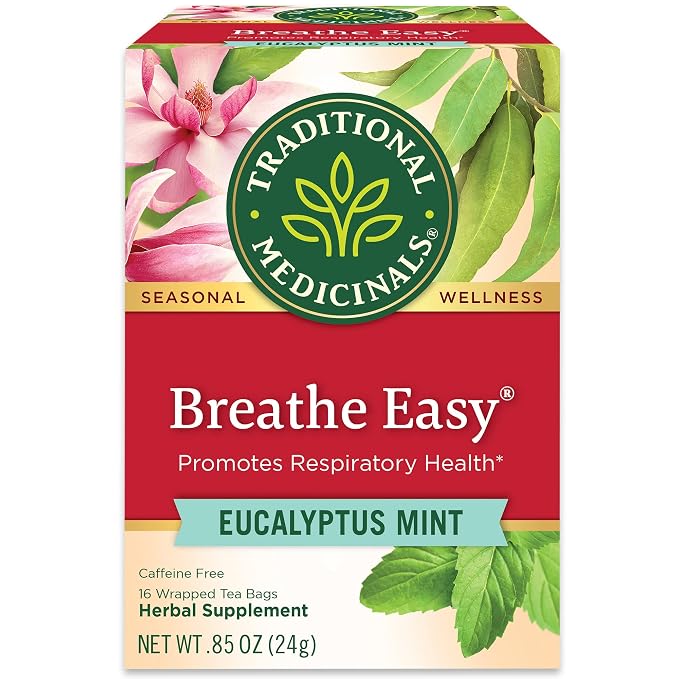 Traditional Medicinals Tea, Breathe Easy with Eucalyptus Mint, Promotes Respiratory Health, Kosher, Non-GMO, Caffeine-Free, Compostable - 16 Tea Bags (Pack of 1)