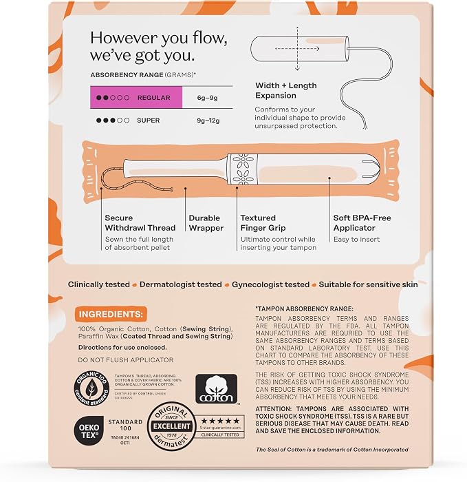 The Honey Pot Company - 100% Organic Cotton Tampons - Super Absorbency | Tampons w/BPA Free Plastic Applicator - Unscented - Without Fragrances or Chlorine - Feminine Care - 18ct