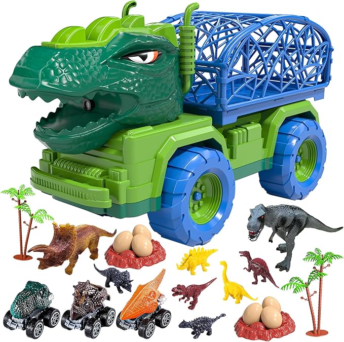 TEMI Dinosaur Truck Toys for Kids 3-5, Tyrannosaurus Transport Car Carrier Truck with Spray, 8 Dinosaur Figures, 3 Cars and 6 Eggs, Gifts for Boys and Girls 3 4 5 6 7