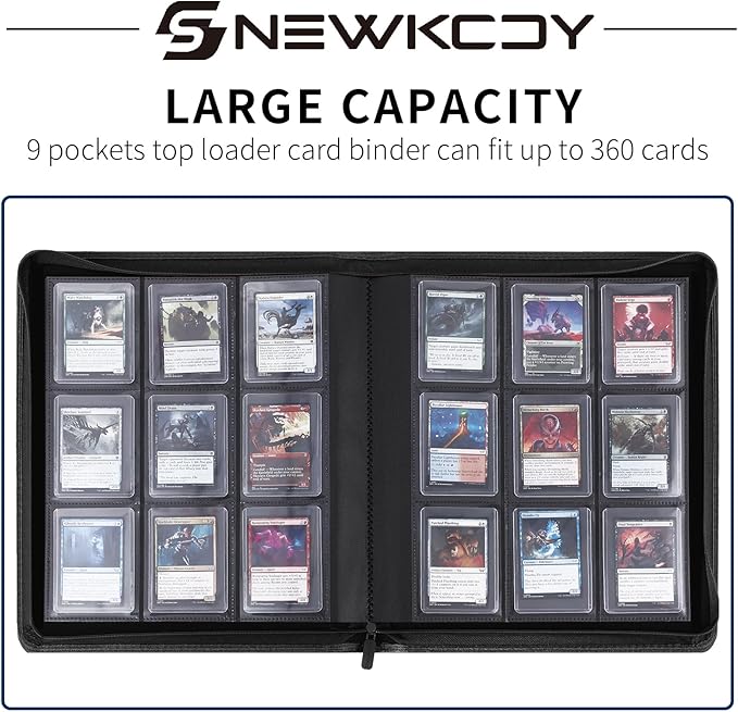 Snekdy Top loader Binder, 9 Pockets Top Loader，Holds 360 Top Loaders cards, Card binder with Sleeves for card in 3 x 4 inches color smooth Zipper PU Leather (Black)