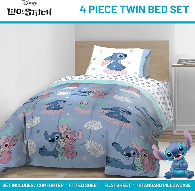 Jay Franco Disney Lilo and Stitch Twin Size Comforter Set - 4 Piece Bedding Includes Sheet Set, Pillow Covers & Bonus Duffle Bag - Super Soft Kids Bedding