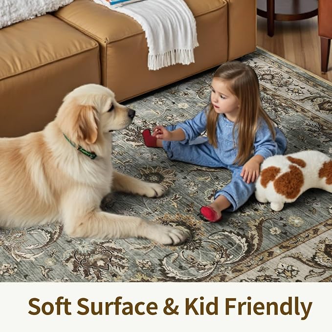 8x10 Ft Extra Large Washable Area Rugs for Living Room, Thin Floral Vintage Print Rug Non Slip Carpet for Bedroom Dining Room Kidsroom Home Decor (Brown)