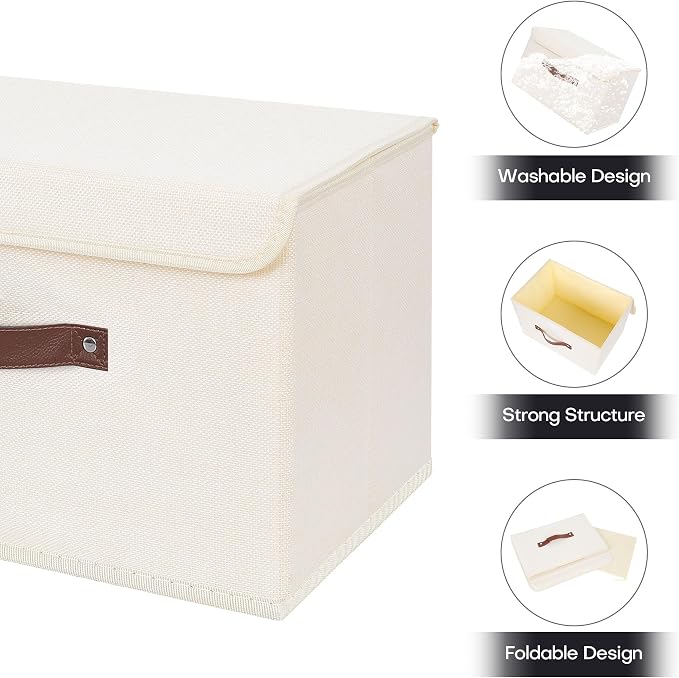 ANMINY Fabric Storage Box Bins with Lids, Beige, 15"x10"x10", 4 Pack | Keepsake Memory Storage, Cotton Linen, PP Board Reinforced, Washable, PU Handles, Foldable & Stackable, Decorative, Large
