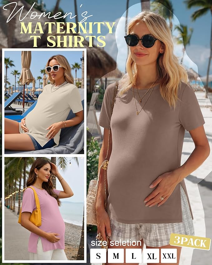 Ficerd 3 Pack Women's Maternity T Shirts, Short Sleeve Side Split Pregnancy Tops Casual Crew Neck Pregnant Tees Mama Clothes