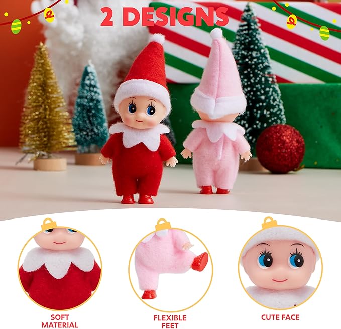 JOYIN 2PCS Christmas Elf Plush Doll, Red and Pink Tiny Soft Plush Elf Doll Accessories for Christmas Holiday Decorations, Dress-Up Party.