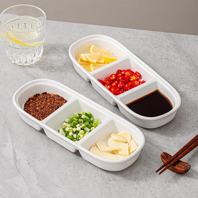 2PCS Ceramic Dishes, Ceramic Dish Stainless Steel Soy Tomato Sauce Salt Vinegar Sugar Spices Flavor Condiment Dip Bowls Korean BBQ Home Kitchen Plates, 3 Compartment Sauce Dish (3 Grids White)